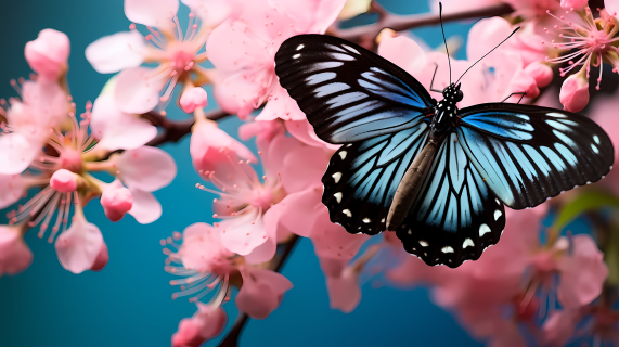 缅甸风格的蓝黑蝴蝶坐在粉红色花朵上的摄影图片