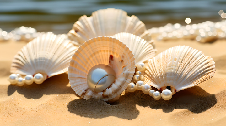 沙滩上的珍珠小贝壳摄影图版权图片下载