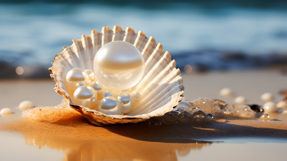 沙地上的小贝壳佩戴的珍珠