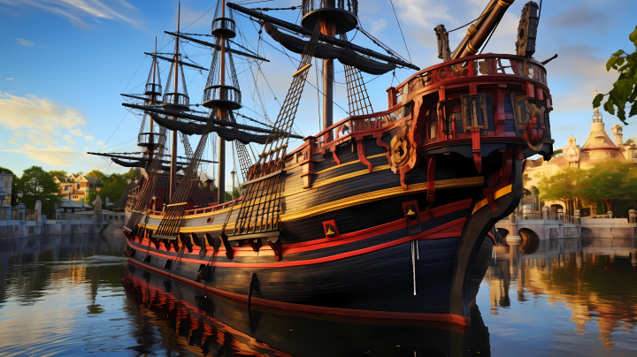 迪士尼世界七彩木雕风格的黑色海盗船摄影版权图片下载