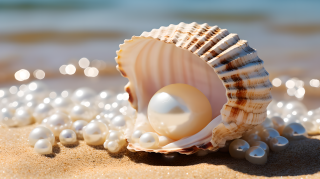 沙地上的小贝壳与珍珠摄影图片