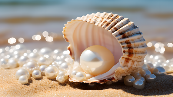 沙地上的小贝壳与珍珠摄影图片