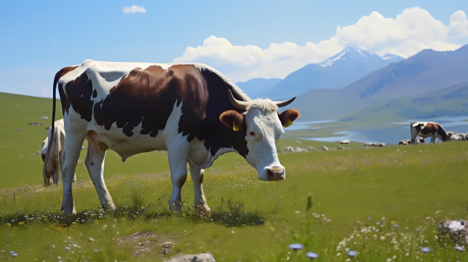 山坡上的牛群在青草中吃草的摄影图片