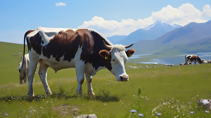 山坡上的牛群在青草中吃草的摄影版权图片下载