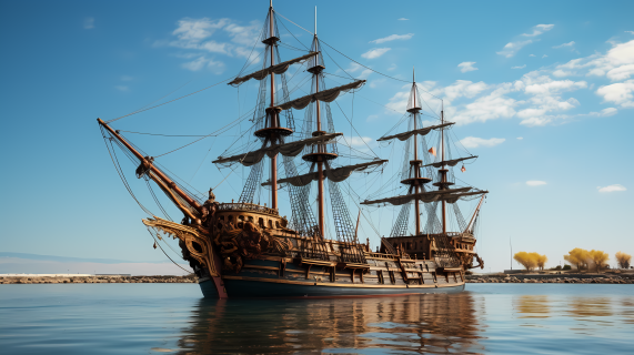 蓝天下的大型木质海盗船摄影图片