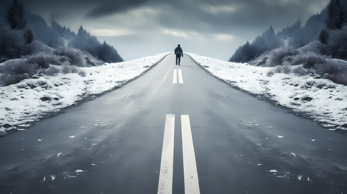 指向不同方向的箭头的白色路上的摄影图片