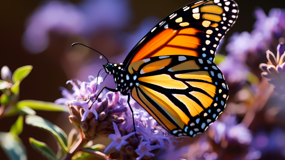 紫花上的帝王蝶摄影图片