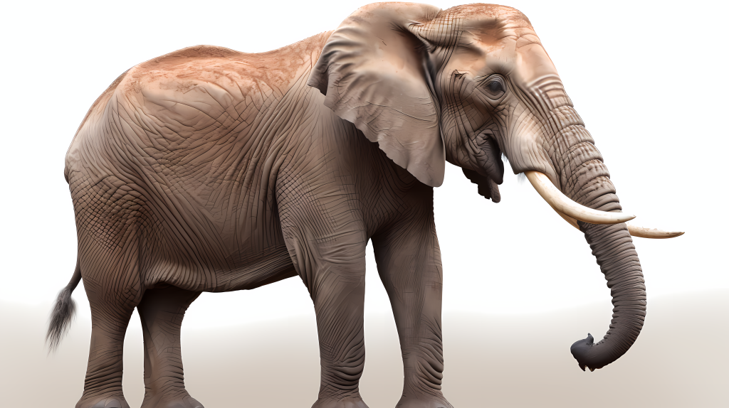 野生动物园，根据创作共享归因32k高清的原始主义、野生动物摄影风格，站立在白色背景上的大象摄影图