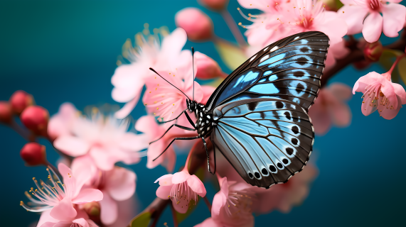 缅甸风格的蓝色和黑色蝴蝶坐在粉色花朵上的摄影图片