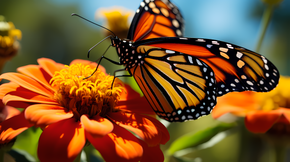 橙花上的帝王蝶摄影图