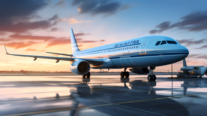客机停放在停机坪上，蓝天作为背景的摄影版权图片下载