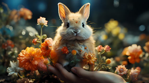 花丛中手掌托起白兔高清图