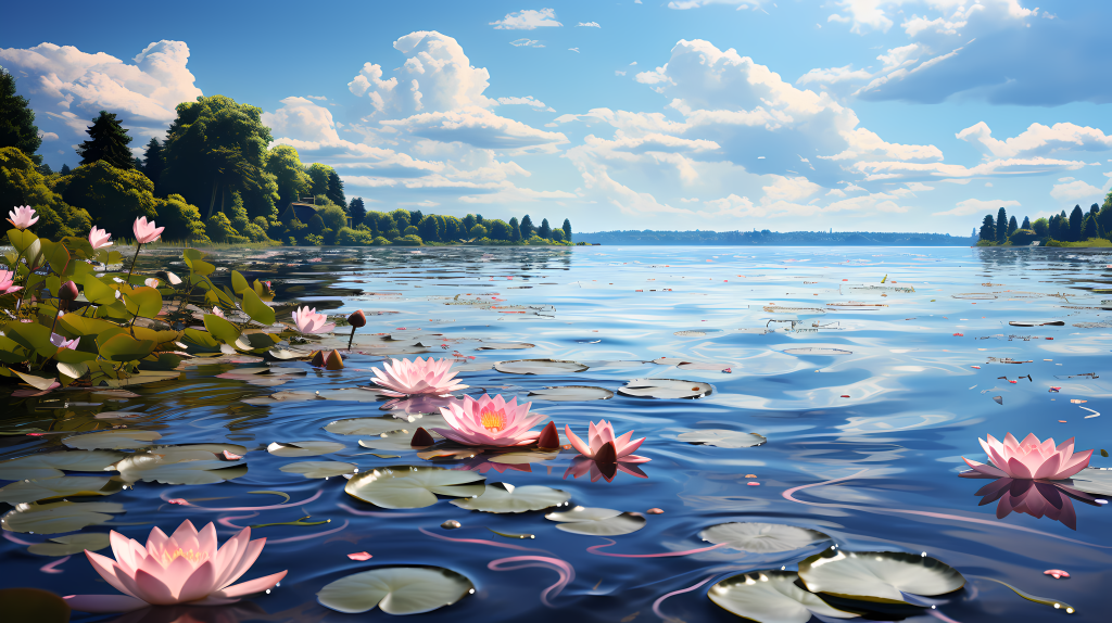 粉色莲花波光湖水摄影图