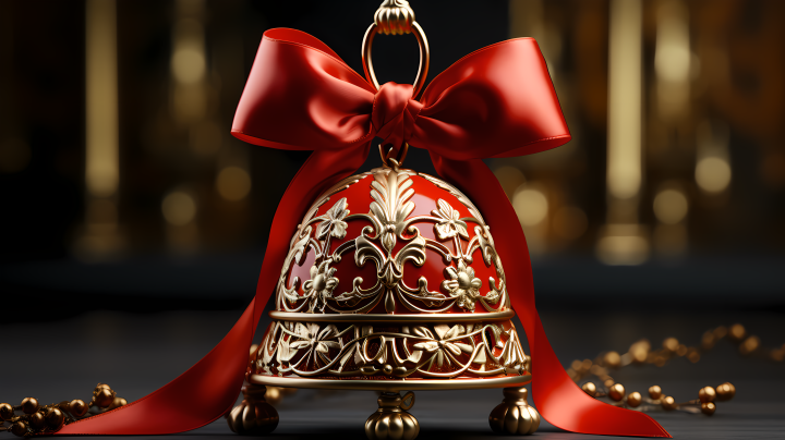 迷人红丝带装饰的黄铜铃摄影版权图片下载