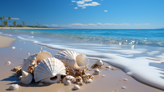 白色贝壳坐在白色沙滩上的摄影图片