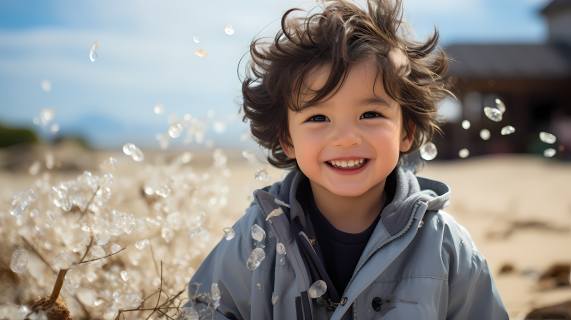 沙滩上微笑的小男孩摄影图片