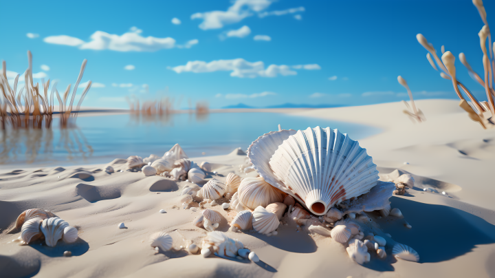 白色贝壳坐在白色沙滩上的摄影版权图片下载