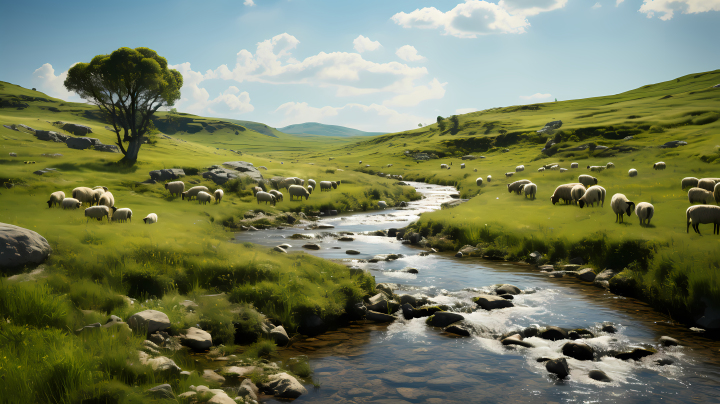 河边牧羊场的羊群摄影图版权图片下载