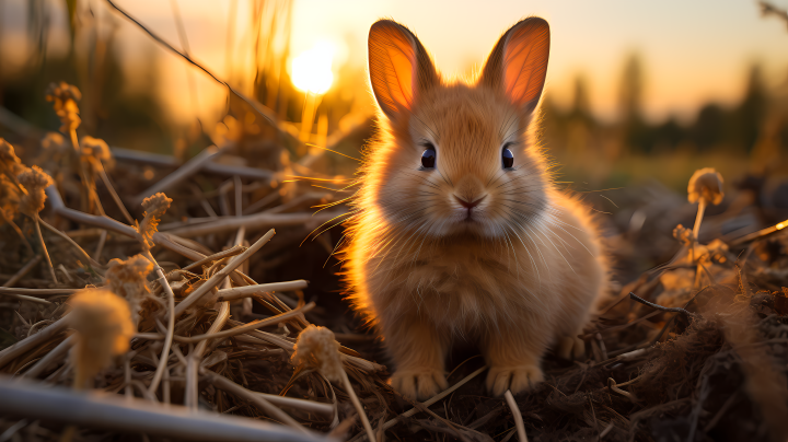夕阳下的小白兔可爱摄影图版权图片下载