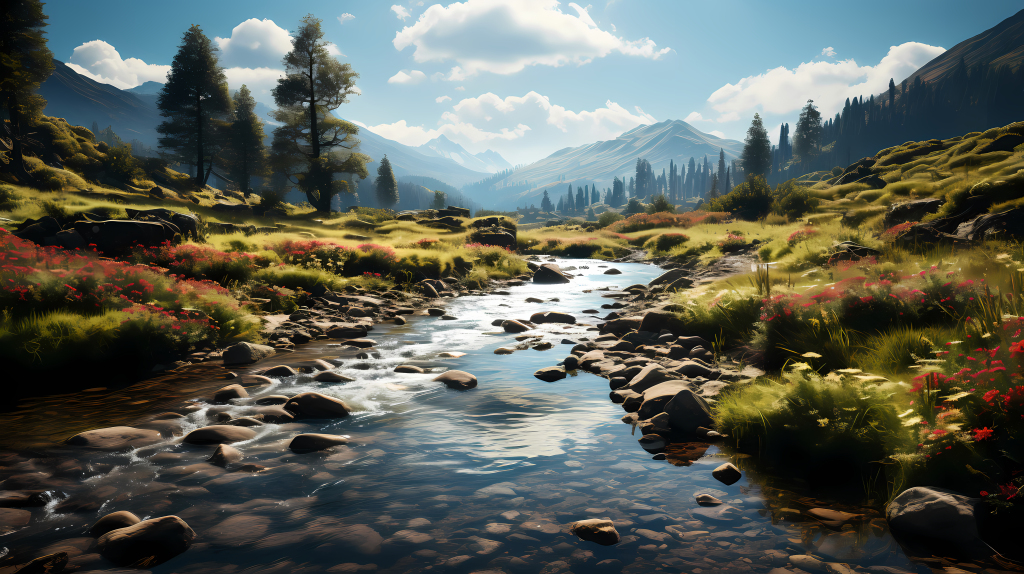 缤纷花海中的流水摄影图片