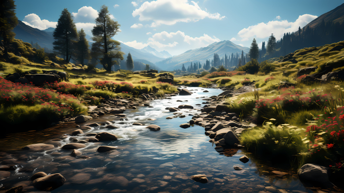 缤纷花海中的流水摄影图片