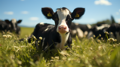 吃草的黑白奶牛站在白色背景上的摄影图片