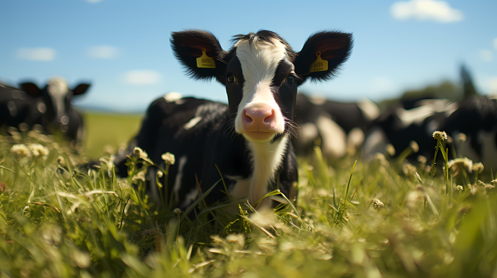 吃草的黑白奶牛站在白色背景上的摄影版权图片下载