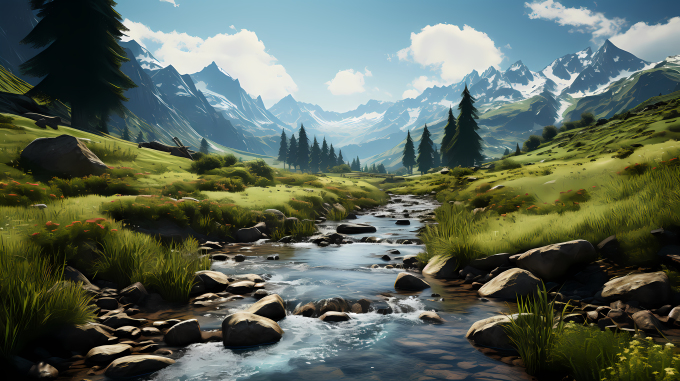 鲜花田间流淌的溪流摄影图片