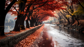 红叶沿路飘落摄影图