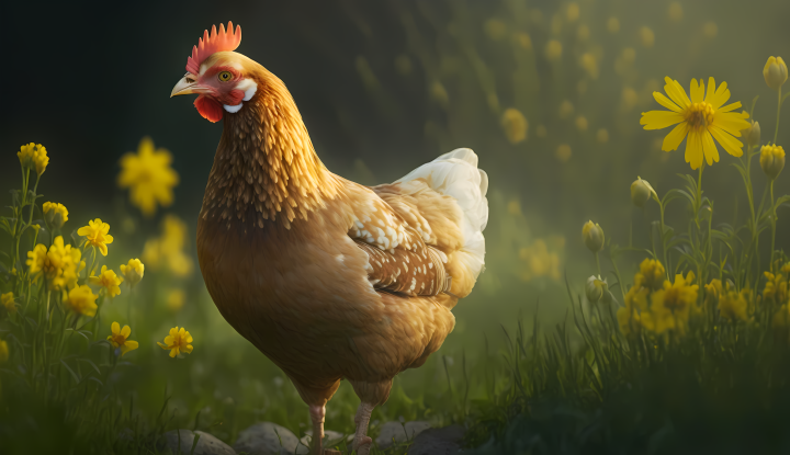 鸡在黄花草地上的摄影版权图片下载