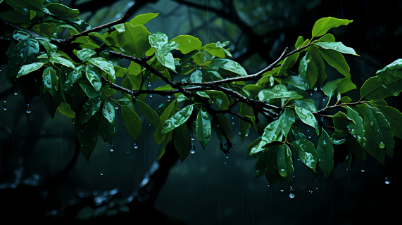 绿叶雨中树枝上的摄影图片