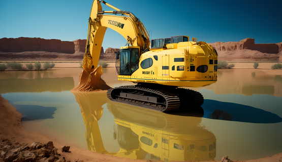 湖中停放的黄色挖掘机摄影图片