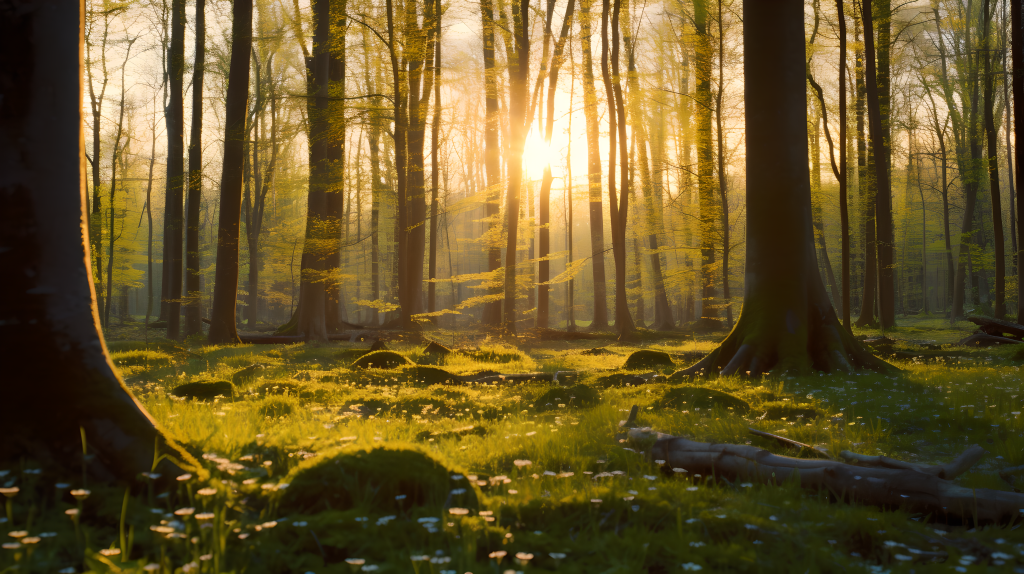 森林中的太阳照射摄影图片