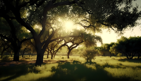 阳光穿过公园树木的摄影图片