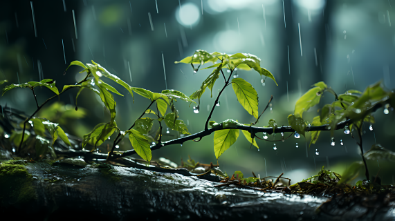雨滴覆盖的树叶摄影图片