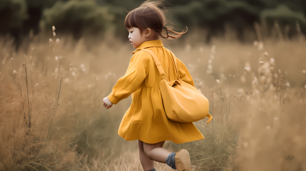 小女孩在草地上奔跑的摄影图片