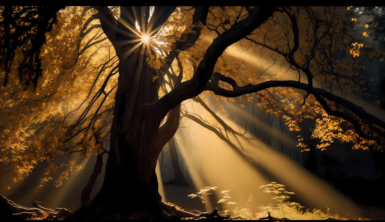 秋林中的阳光穿过树木的摄影图