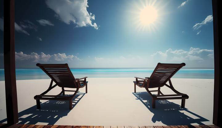 蔚蓝天空照亮海滩两把躺椅版权图片下载