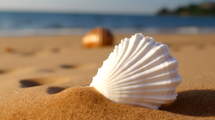 细腻沙滩上的白贝壳摄影图版权图片下载