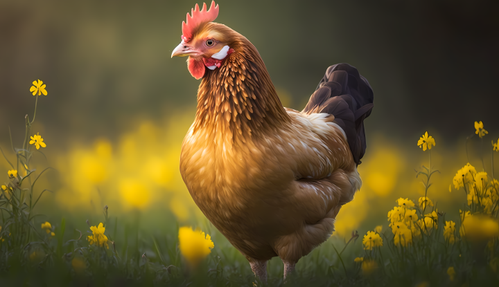 鸡儿在黄花丛中自由行走的摄影图版权图片下载