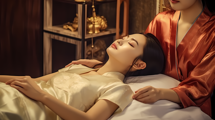 亚洲华人美容床上护理真实照片摄影图版权图片下载