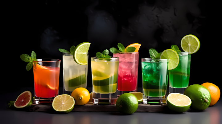 明亮色彩的饮品搭配薄荷摄影版权图片下载