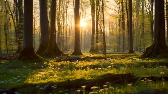 森林阳光日出时分的摄影图