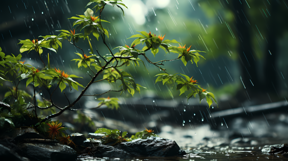 大雨中淋湿的树枝摄影图