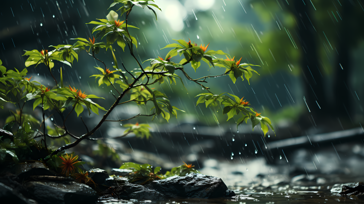 大雨中淋湿的树枝摄影图版权图片下载