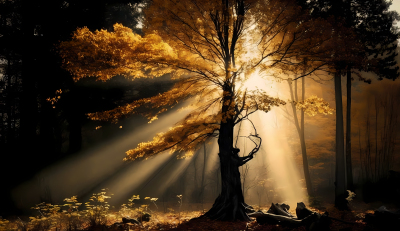 初秋森林树木中的日光闪烁 摄影图片