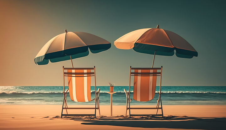 阳光照耀下的沙滩躺椅摄影版权图片下载