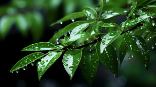 雨水滴落在叶子上摄影图