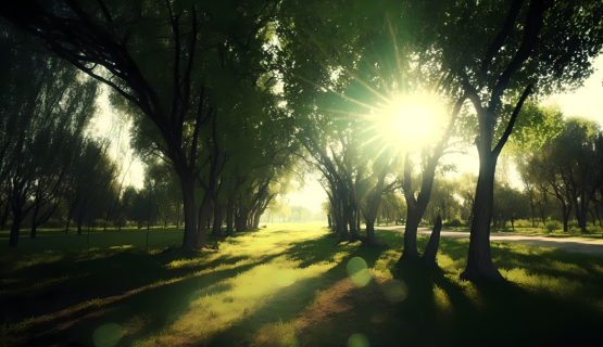 阳光穿越公园照耀下的树木摄影图片
