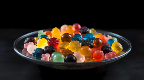 盘中五彩糖果围绕的混合食物摄影图片